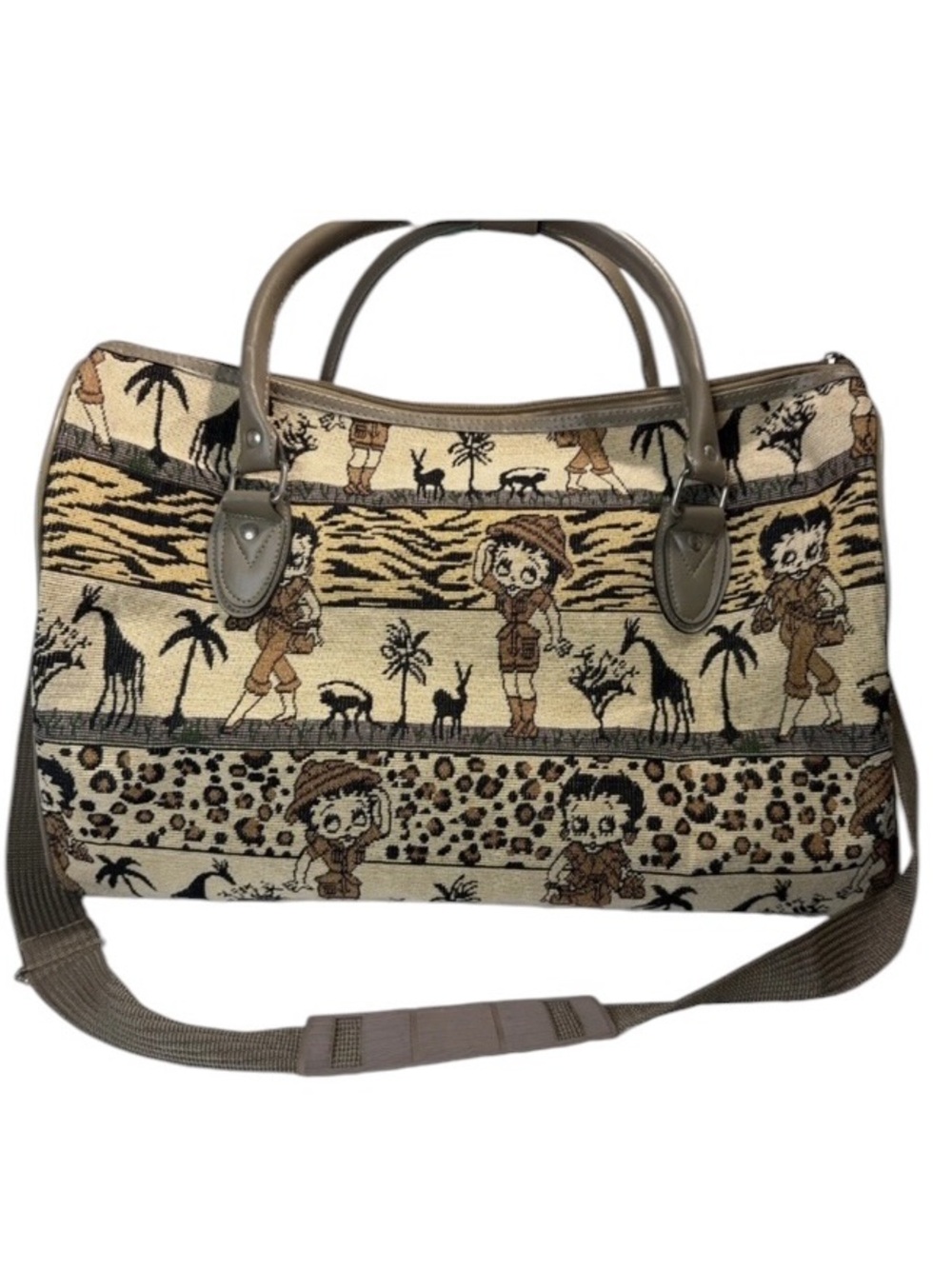 🌴 Vintage Betty Boop Tapestry Safari Print Duffle Bag Beige Brown, Preowned 🌴